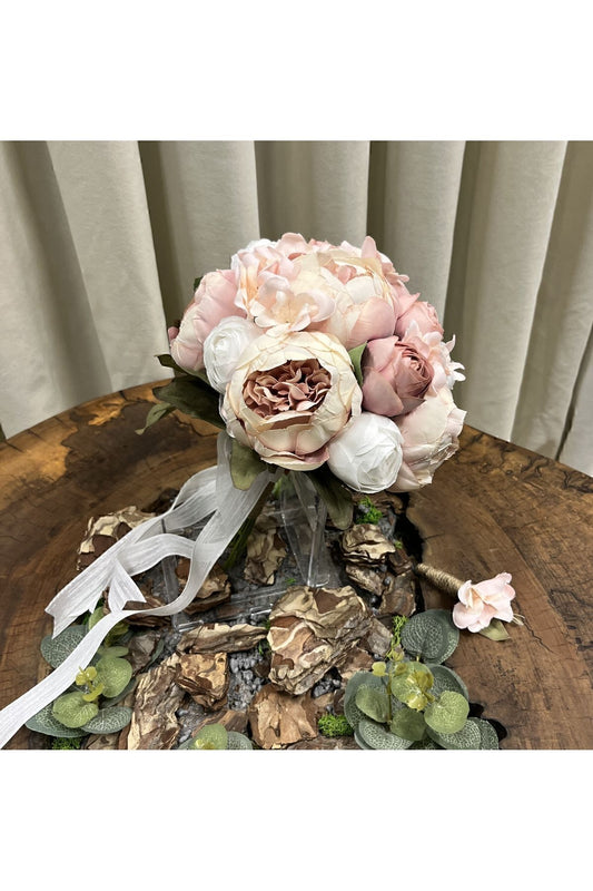 Rosa und weißer Pfingstrosen-Brautstrauß - Brautstrauß - Bräutigam-Ansteckblume - Künstliche Blume