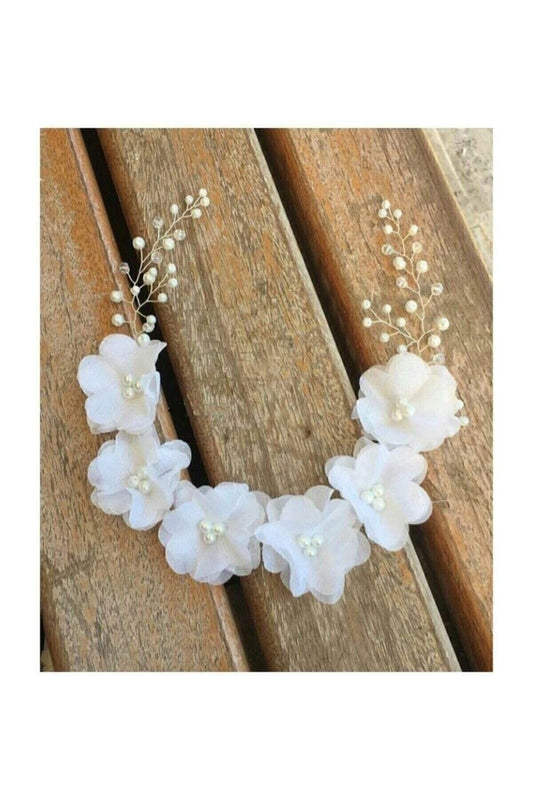 Weiße Chiffon Blume 4-Blatt Perle Brautkrone Cyf29