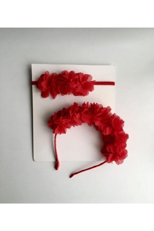 Rote Blumen-Mutter- und Baby-Krone-Bandana-Kombination