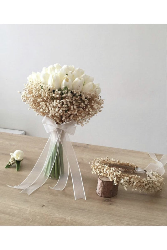 Brautstrauß mit Boutonniere im Tulpen-Stil ohne Krone