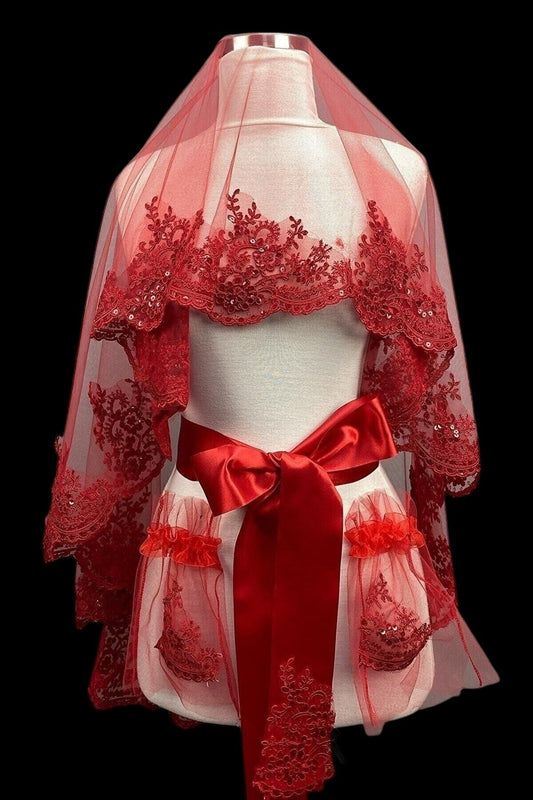 Kırmızı Kına Örtüsü Takımı – Güpürlü Duvak ile Tam Set