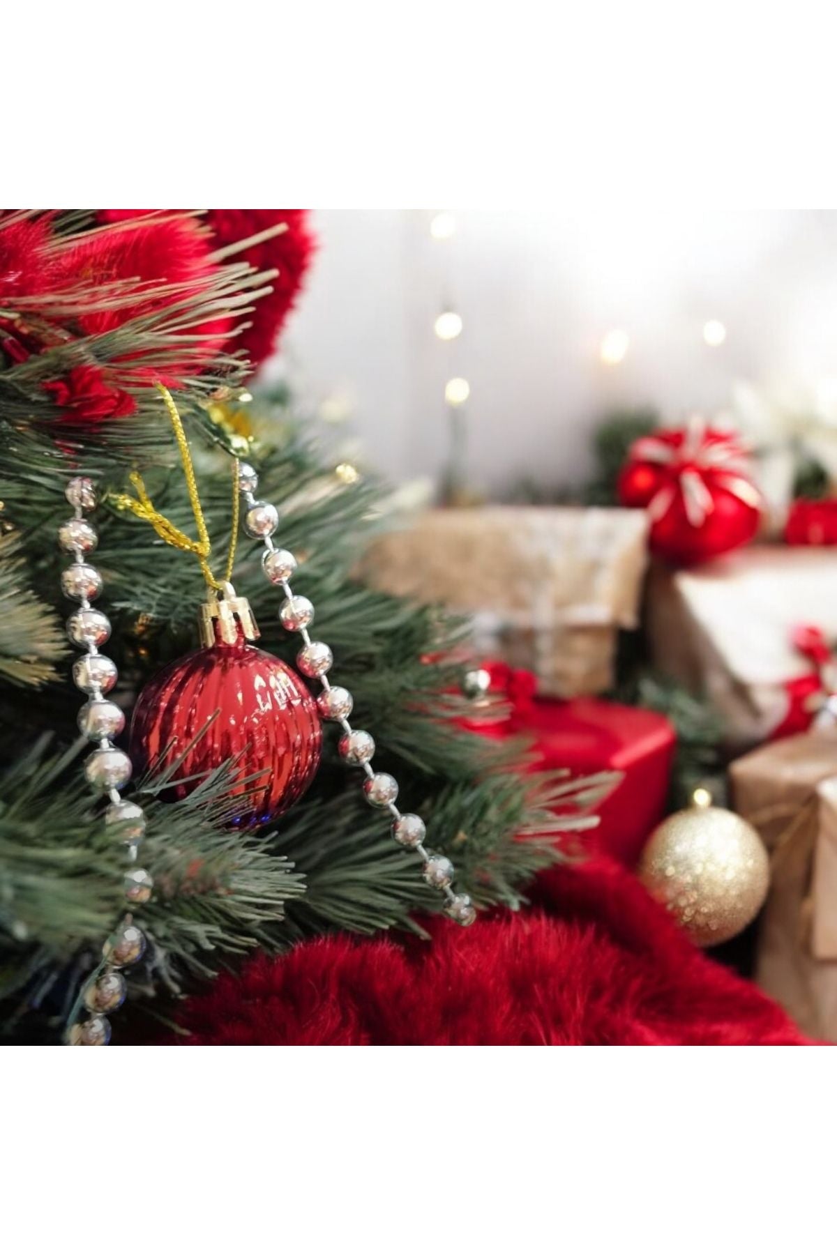 Yılbaşı Gümüş Zincir Süs 2 Metre Inci Çam Ağacı Süsü Noel Yemek Masası Taşı