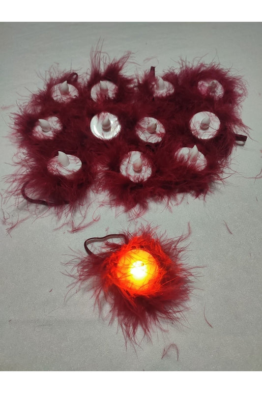 12 Stück burgunderfarbene LED-Henna-Kerzen mit Federn (HANDKERZEN) für Henna-Nächte