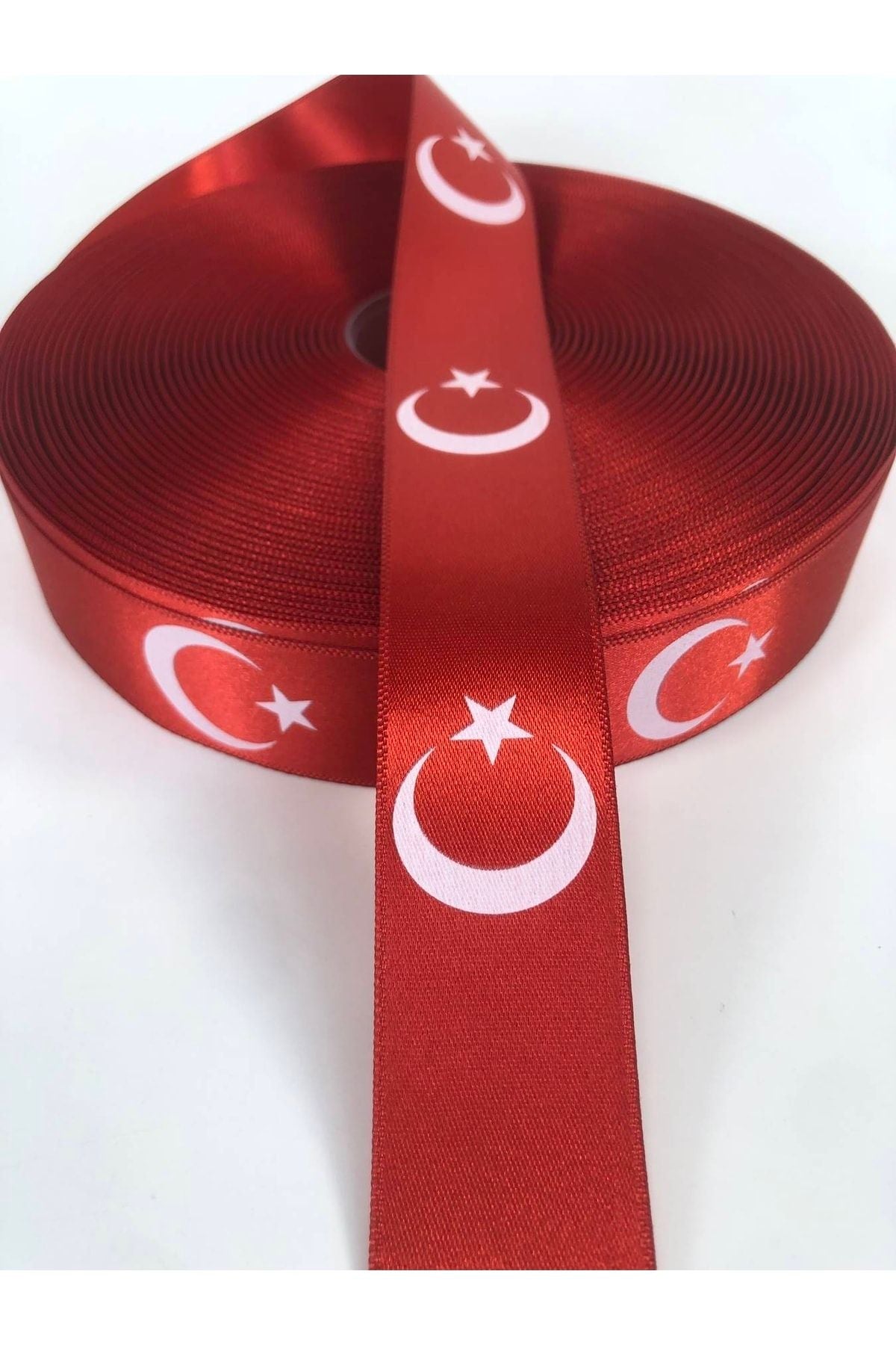 Ay Yıldız Desenli Kırmızı Saten Kurdele 1 metre