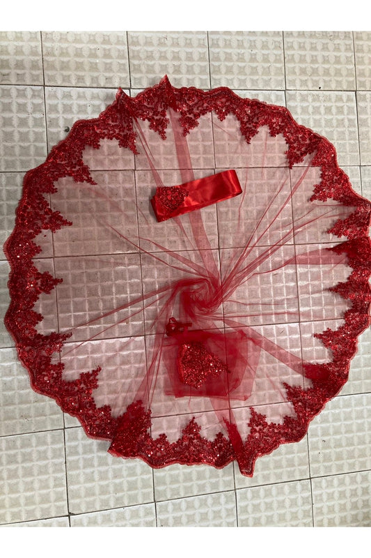 Roter Henna-Schleier mit glänzender Spitze und Pailletten