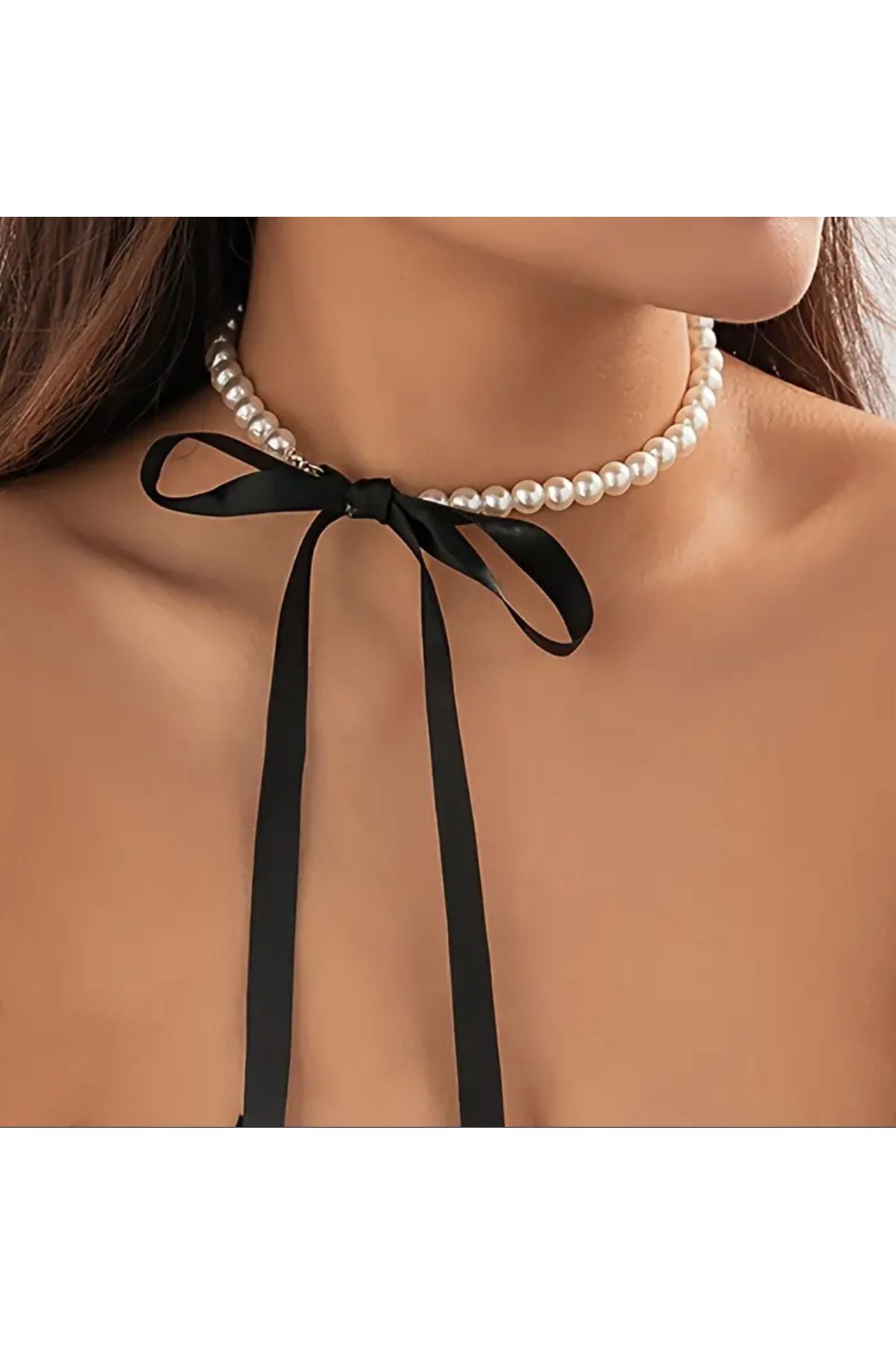 Vintage Halsband Lange Perlen Satin Design Kette Halskette Spitze Satin mit Perlenkette