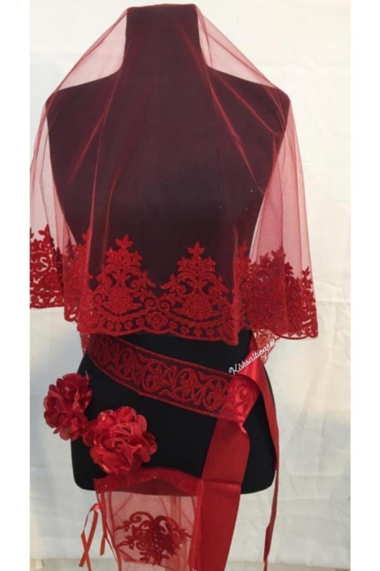 Roter Samt Luxus Brautschleier Set 6-teilig