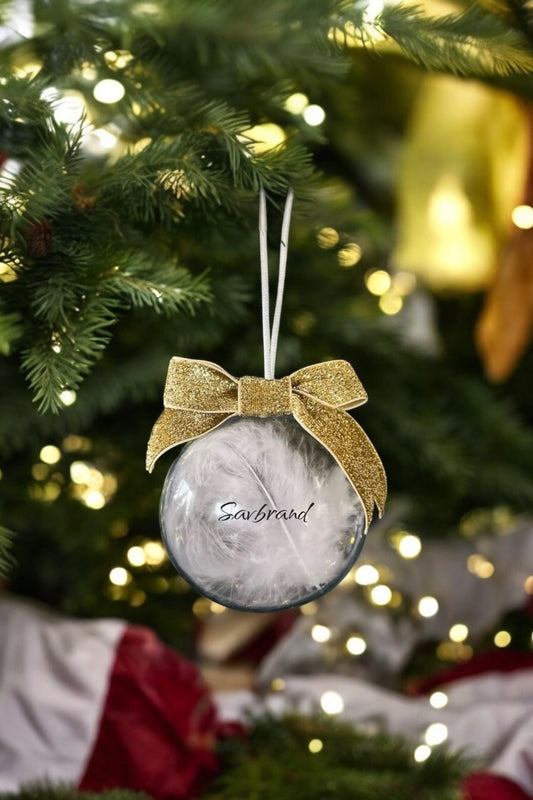 Neujahrsspecial: Plexiglaskugel mit Federn und glitzerndem goldenen Samtband, luxuriöser Tannenbaumschmuck, 1 Stück