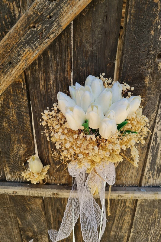 Brautstrauß Vogelmiere Weiß Farbe Nass Tulpe Bräutigam Boutonniere