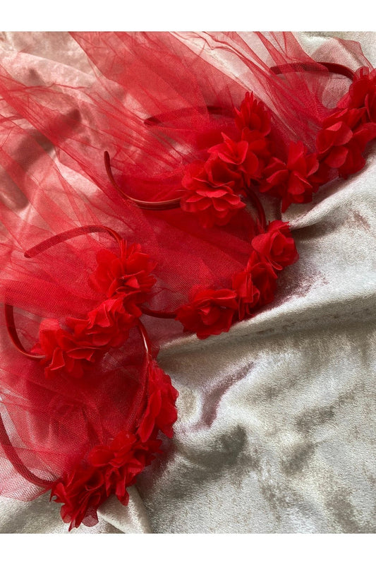 Kına Gecesi Lazer Güllü Tüllü Nedime Tacı Kırmızı 5’li Paket