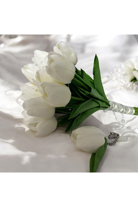 Weiße Perle Nass Tulpe Brautstrauß Kette Boutonniere Set