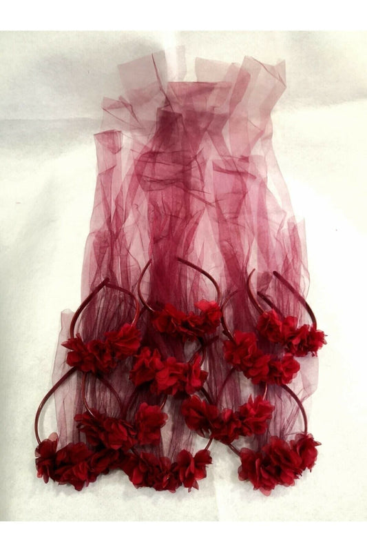 Kına Gecesi Lazer Güllü Tüllü Nedime Tacı(bordo) 10'lu Paket Lazer Gül Taç Bordo