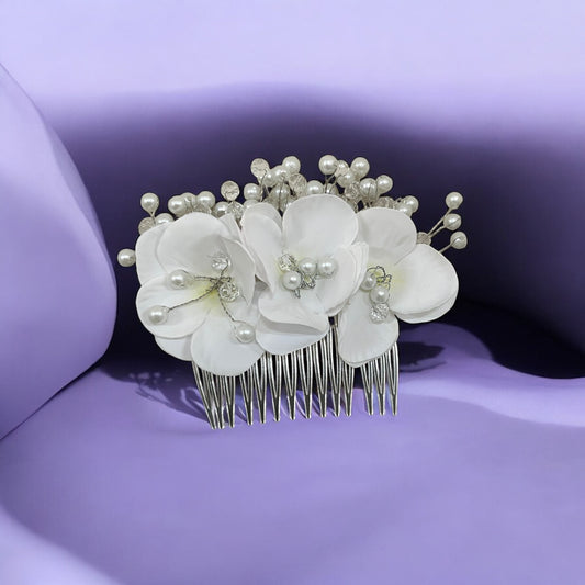 Weiße Blumen gemusterte Kristall Braut Haarspange – Handgemachtes elegantes Haar Accessoire