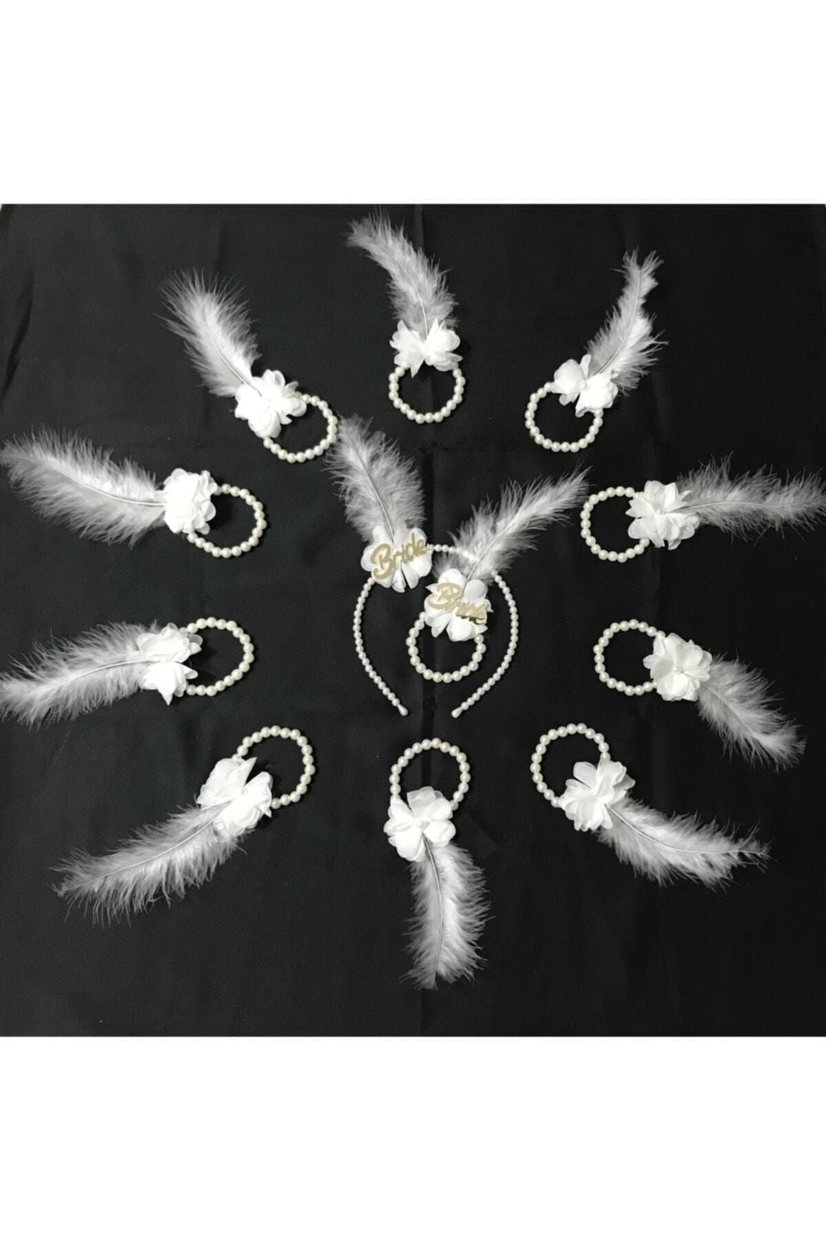 1 Brautkrone und Armband, 10 Brautjungfernarmbänder mit Perlen und Federn