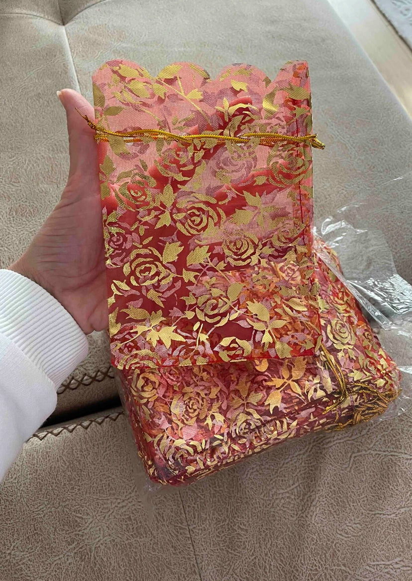 50 Adet Kırmızı Tül Çerez Kesesi 9x12 cm – Kına, Nişan, Söz ve Davetler İçin Şık Hediye Kesesi