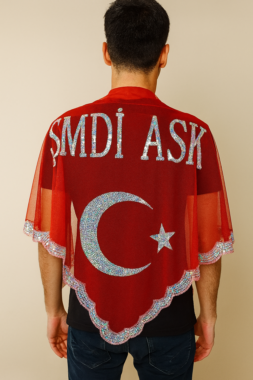 O Şimdi Asker Şalı Örtüsü, Kırmızı Kına Omuz Örtüsü Ayyıldız Pullu