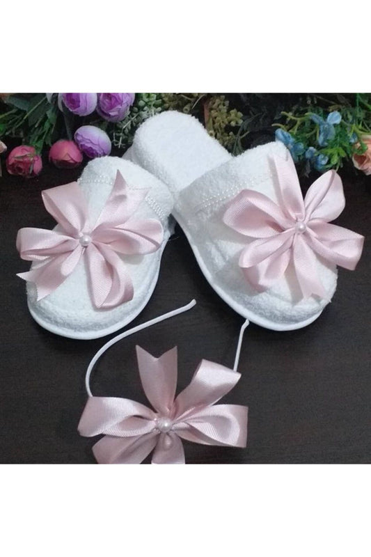 Kadın Pembe Büyük Fiyonklu Lohusa Tacı Ve Lohusa Terliği Set