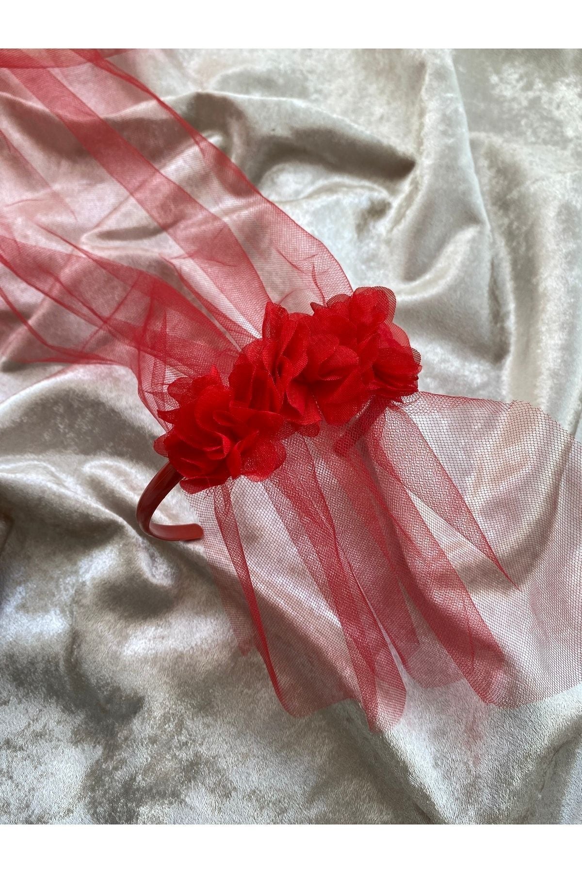 Kına Gecesi Lazer Güllü Tüllü Nedime Tacı Kırmızı 5’li Paket