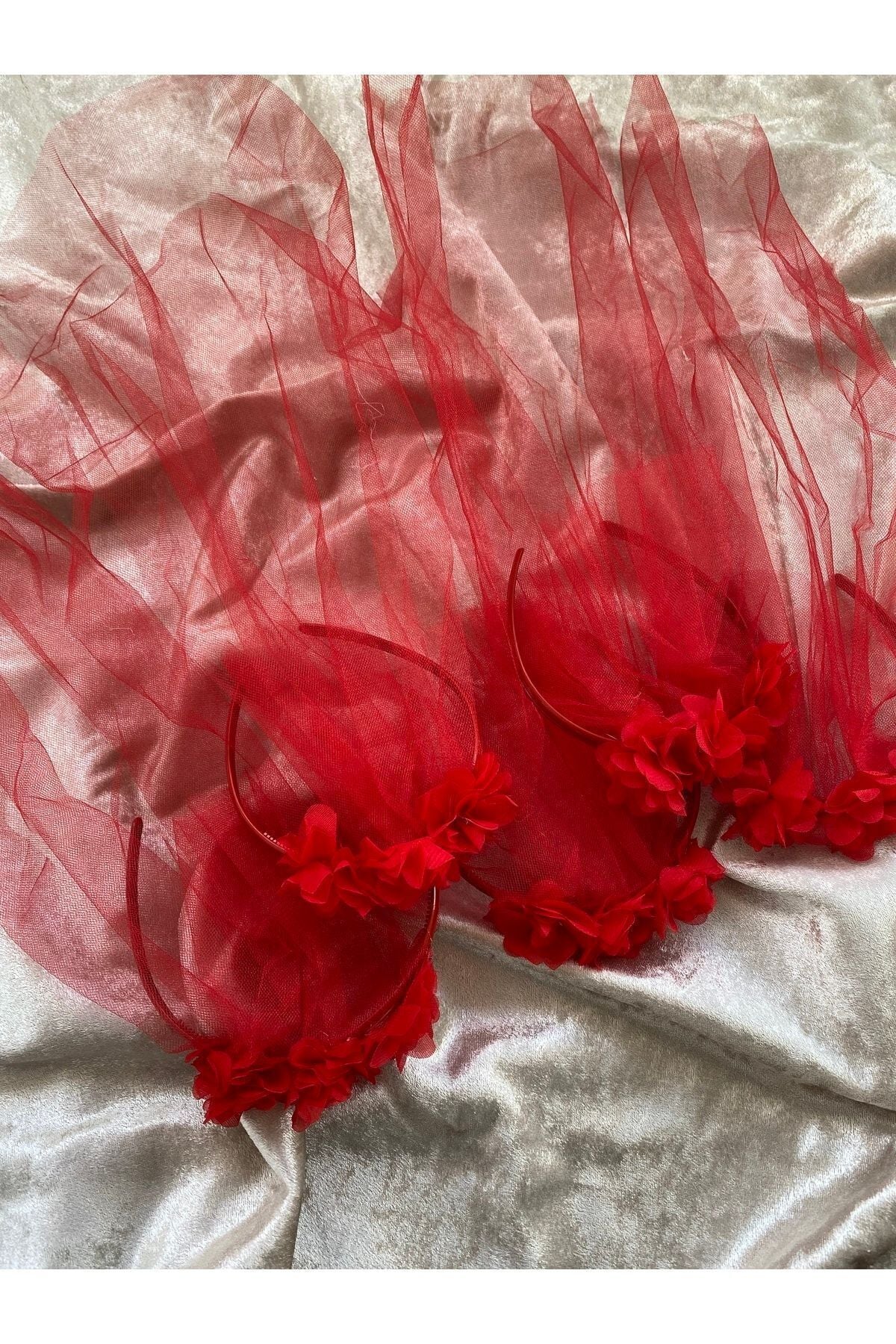 Kına Gecesi Lazer Güllü Tüllü Nedime Tacı Kırmızı 5’li Paket