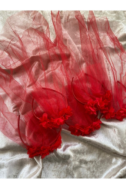 Kına Gecesi Lazer Güllü Tüllü Nedime Tacı Kırmızı 5’li Paket