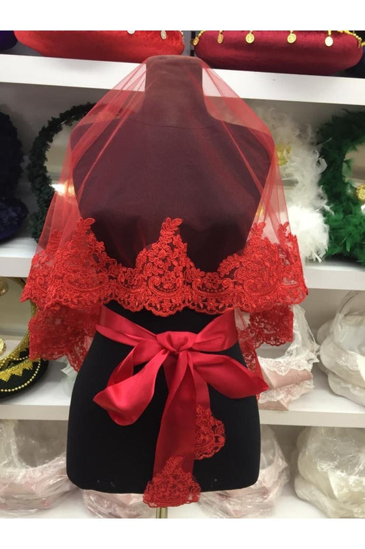 Kırmızı Dantelli Gelin Duvak Eldiven Kuşak Tam Set Gelin Pullusu Örtüsü Kına Malzemesi