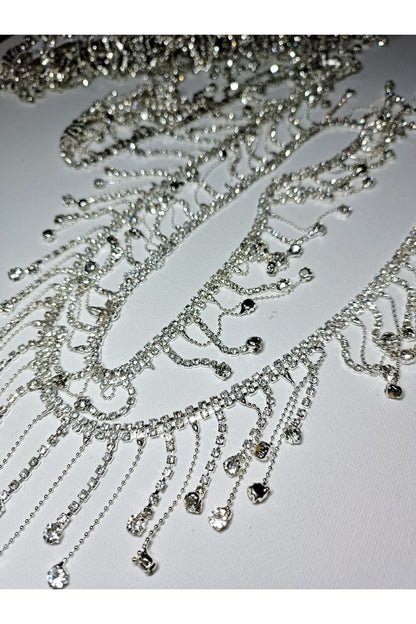 Özel Gümüş Renk Kristal Taşlı Zincirli Saçak Şerit