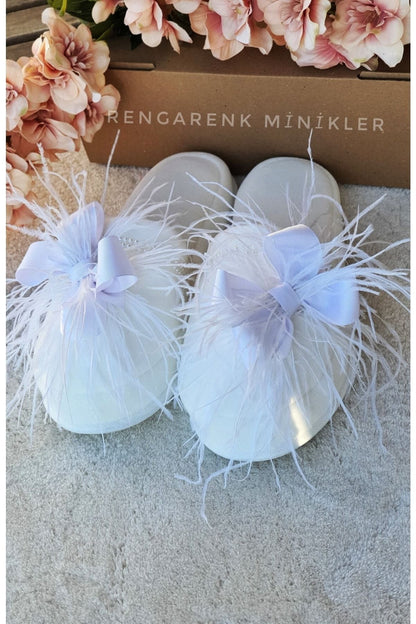 Beyaz Fiyonklu Tüy Detaylı Anne Lohusa Terligi (gelin Bride Terligi)