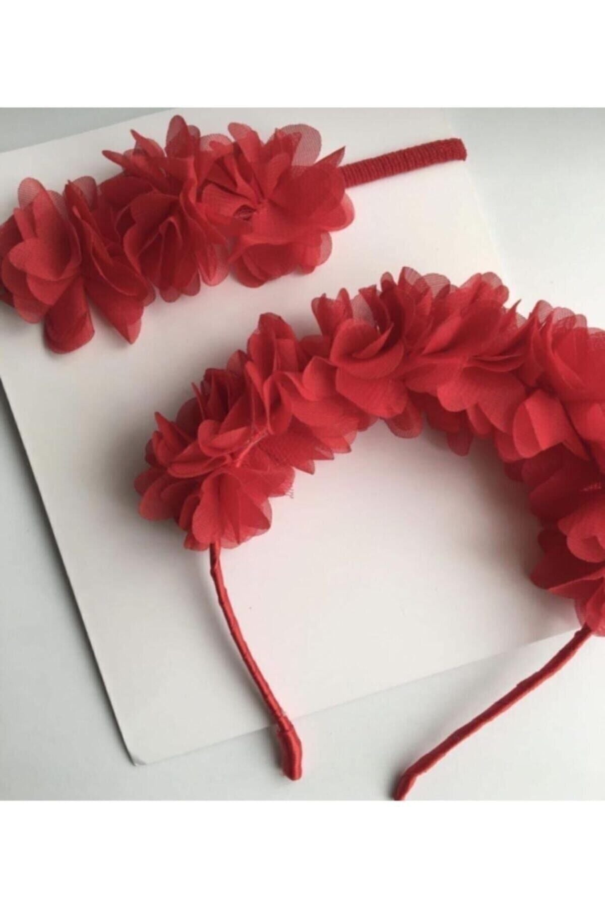 Kırmızı Çiçekli Anne Bebek Taç Bandana Kombini