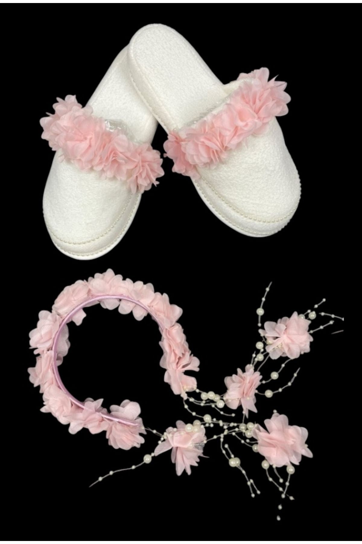 Lohusa Şıklığı – Pudra Lazer Çiçekli Terlik ve Taç Kombini