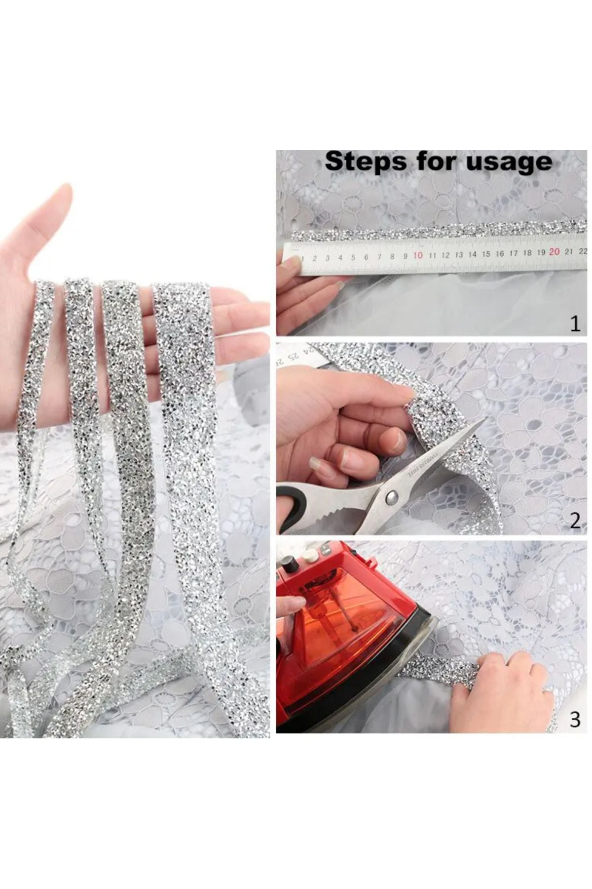 Ütüyle Yapışan Gümüş Şerit Apik 1 Metre | El Sanatları için 2cm Kendinden Yapışkanlı Taşlı Kenar