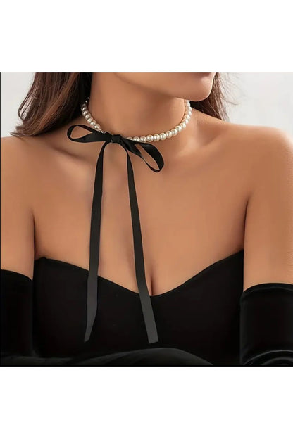 Vintage Halsband Lange Perlen Satin Design Kette Halskette Spitze Satin mit Perlenkette