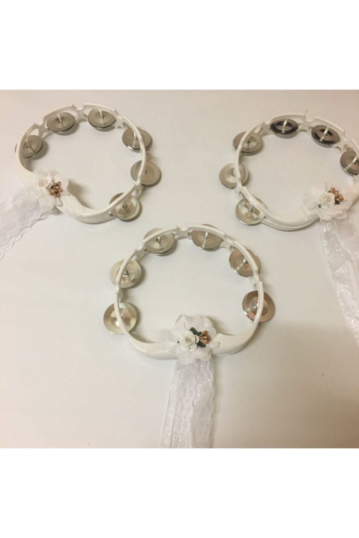 5 Adet Beyaz Çiçeklerle Süslenmiş Nedime Tefi Düğün Ve Kına Için Plastik Tef 1