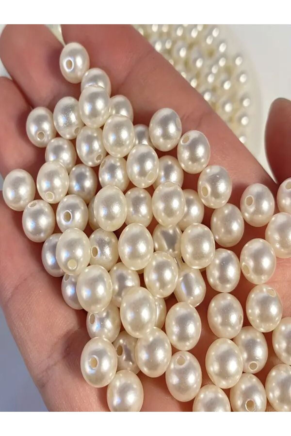 8mm Krem Renk Delikli Tam İnci Boncuk – 500g Paket