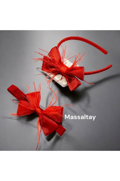 Kırmızı Fiyonklu Tüylü Lohusa Tacı ve Bebek Bandanası Takımı