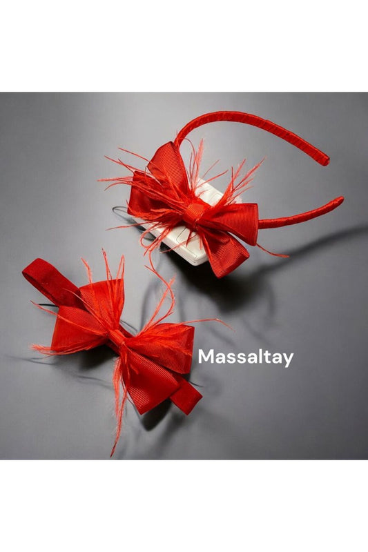 Kırmızı Fiyonklu Tüylü Lohusa Tacı ve Bebek Bandanası Takımı