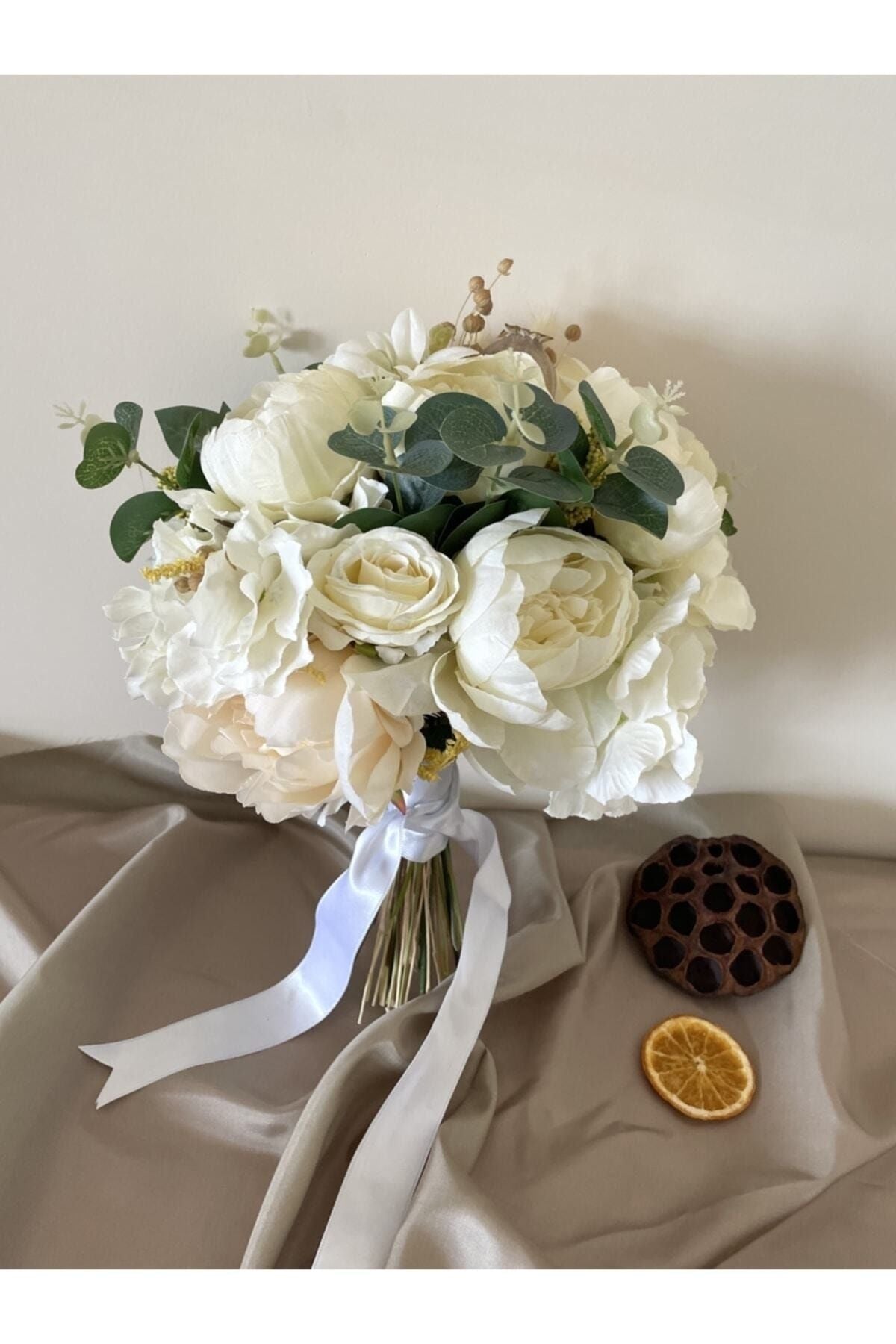 Off White - Cremefarbener Brautstrauß aus künstlichen und getrockneten Blumen - Ansteckblume des Bräutigams