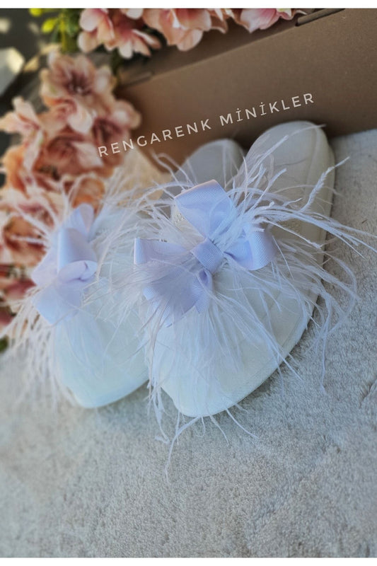 Beyaz Fiyonklu Tüy Detaylı Anne Lohusa Terligi (gelin Bride Terligi)