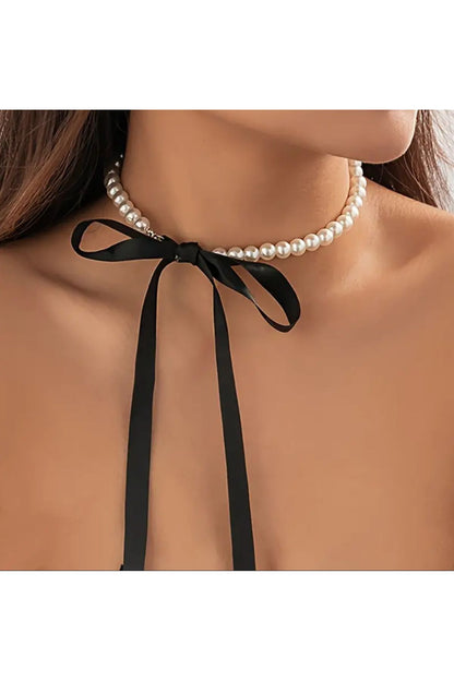 Vintage Halsband Lange Perlen Satin Design Kette Halskette Spitze Satin mit Perlenkette