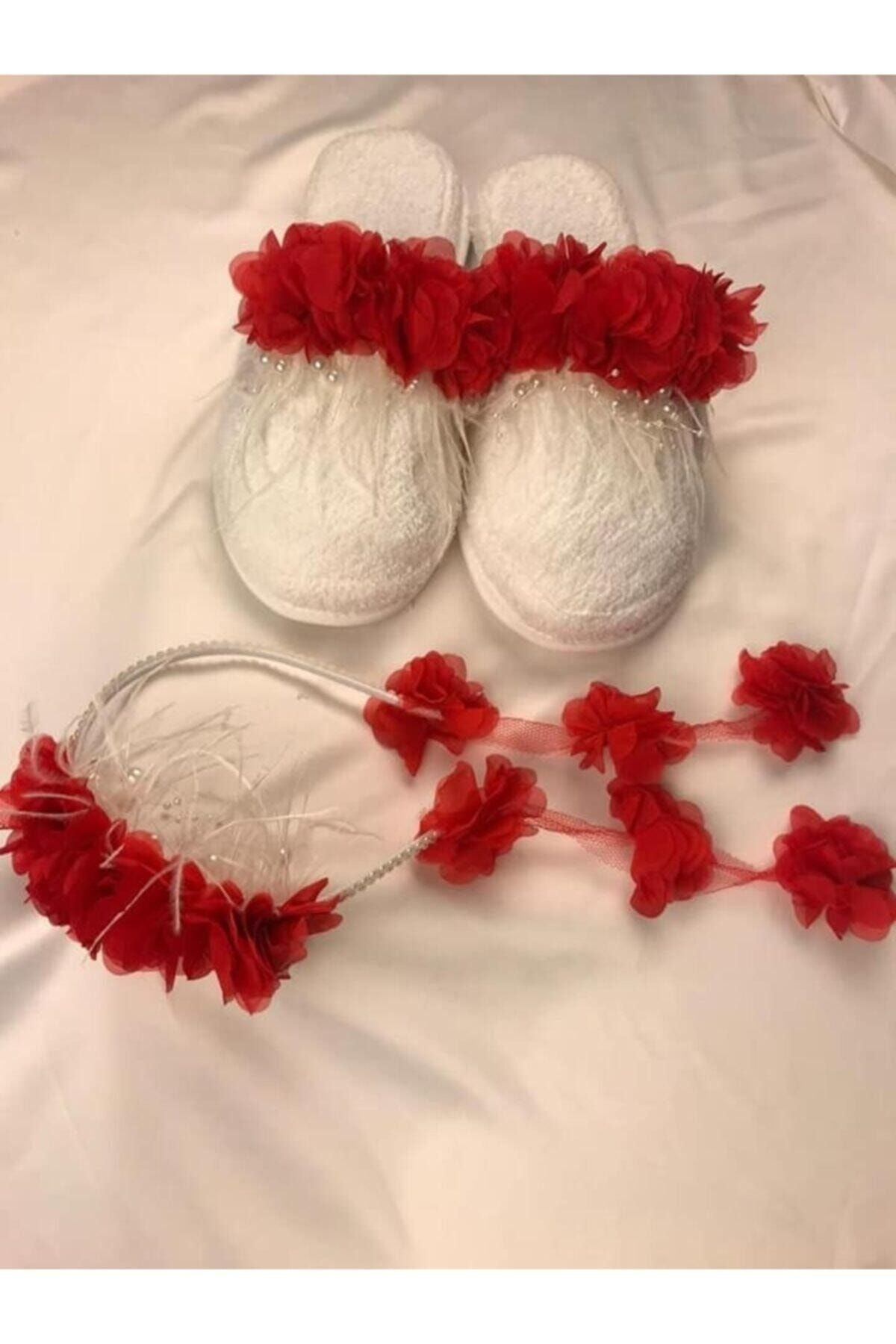 Kırmızı Incili Terlik Taç Set 1057
