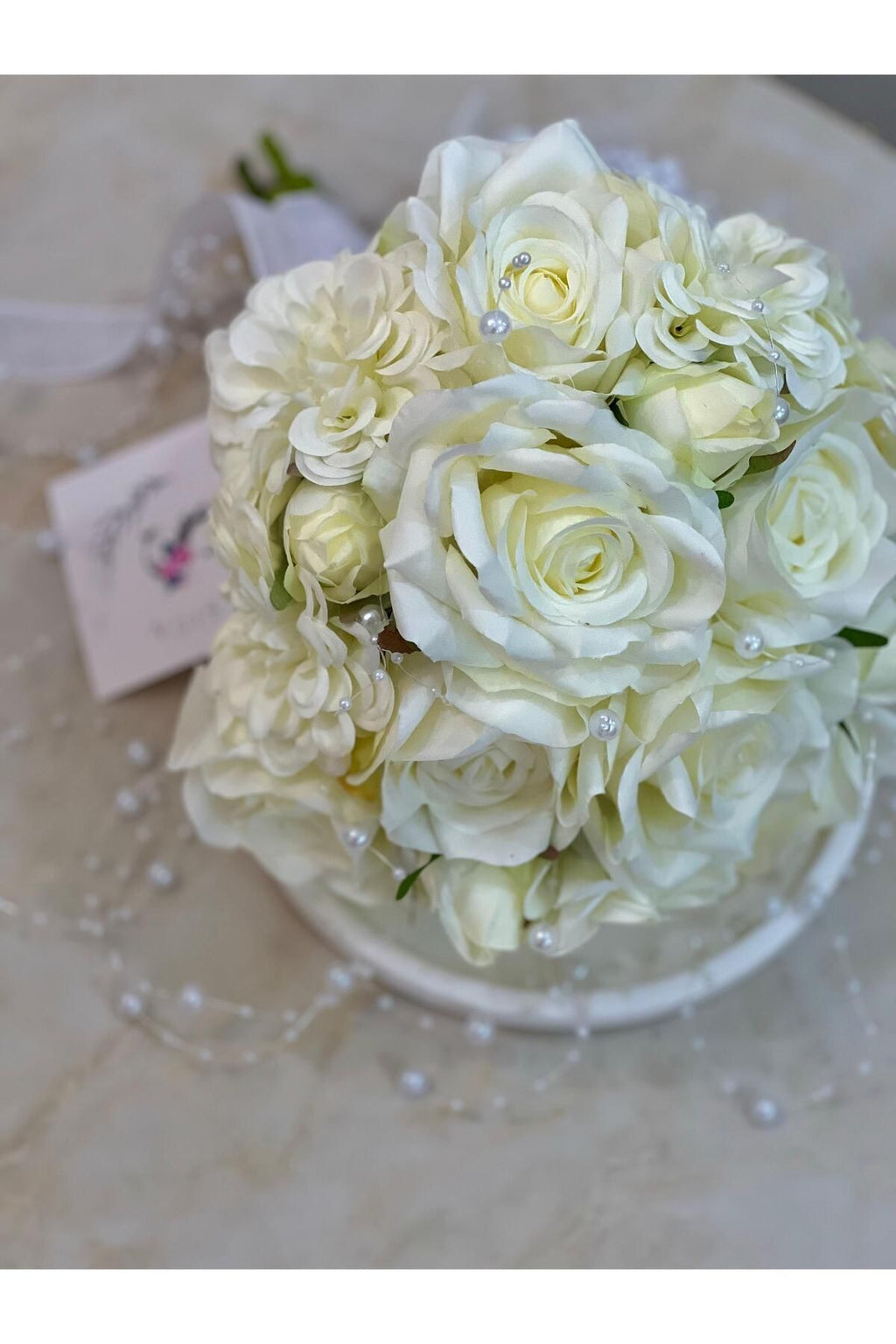 Beyaz İncili Gül Gelin Buketi - Damat Yaka Çiçeği