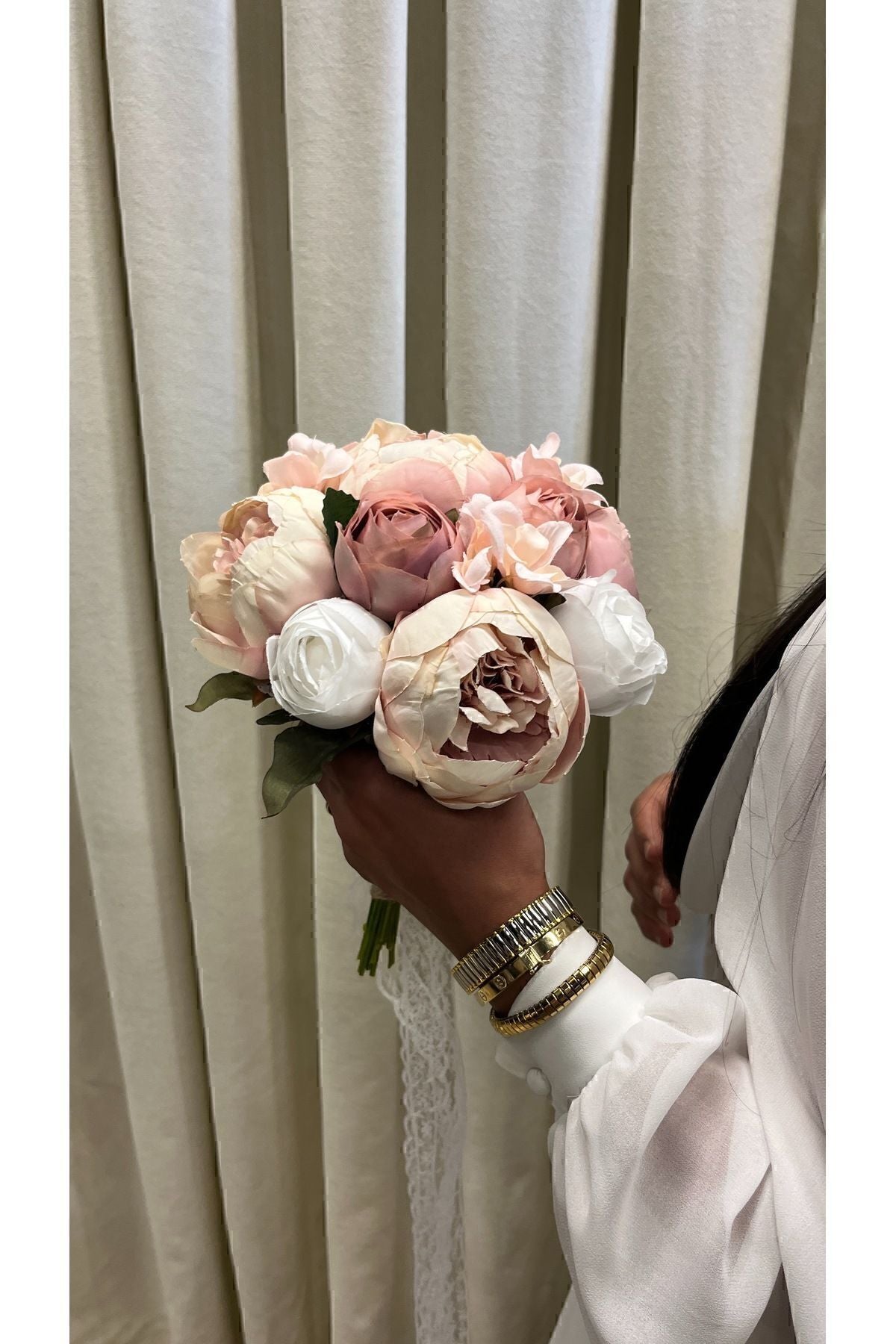 Rosa und weißer Pfingstrosen-Brautstrauß - Brautstrauß - Bräutigam-Ansteckblume - Künstliche Blume