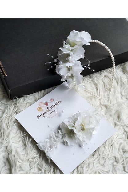 Weiße Blumenkrone und Haarreif für Mutter und Baby mit Perlendetail