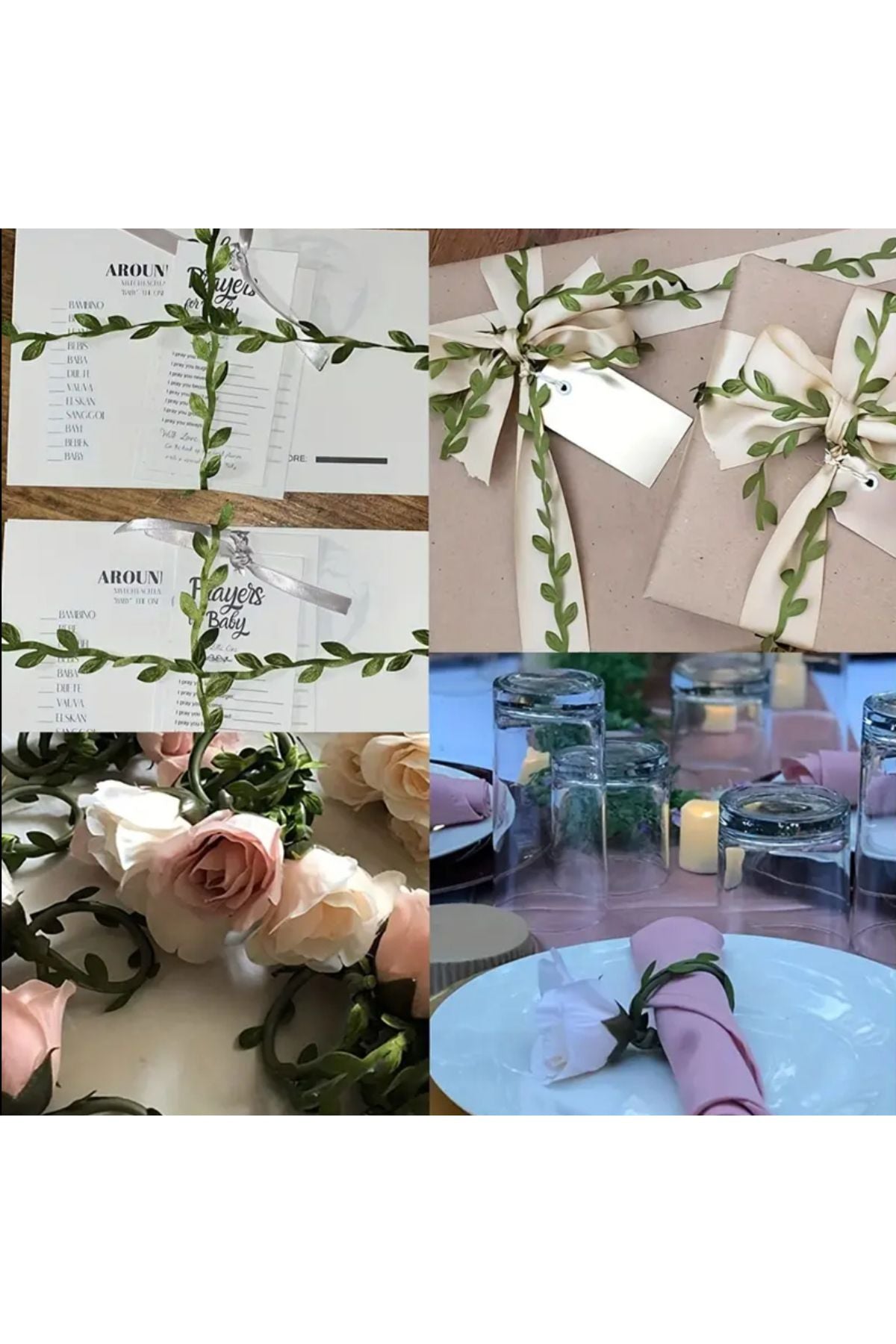 Yeşil Dekoratif Yapraklı Şerit 5 Metre , Nikah Şekeri Süsleme , Süsleme malzemesi , hobi ürünleri
