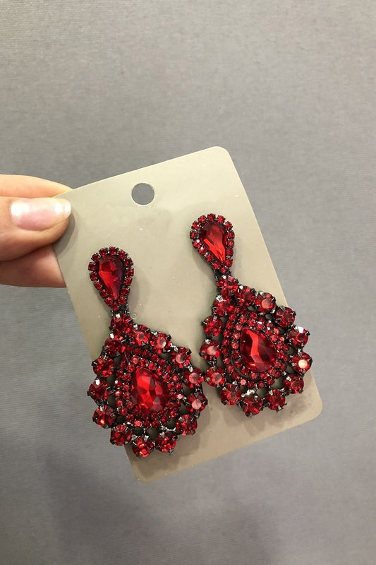 Kırmızı Kristal Cam Taşlı Koyu Gri Küpe