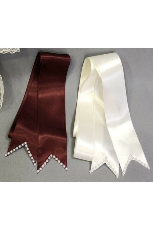 Bordo Beyaz Incili Takı Kurdelesi Gelin Damat Düğün Kına Gecesi Malzemesi