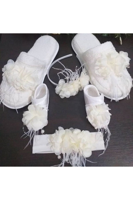Kadın Krem Lohusa Terlik Ve Taç Bebek Patik Ve Bandana Tüylü Incili Set