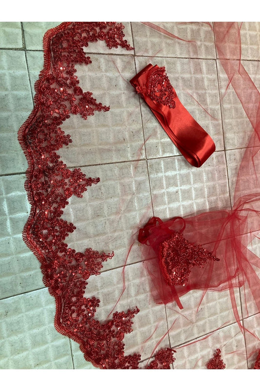 Kırmızı Pullu Parlak Güpürlü Kına Örtüsü Duvak