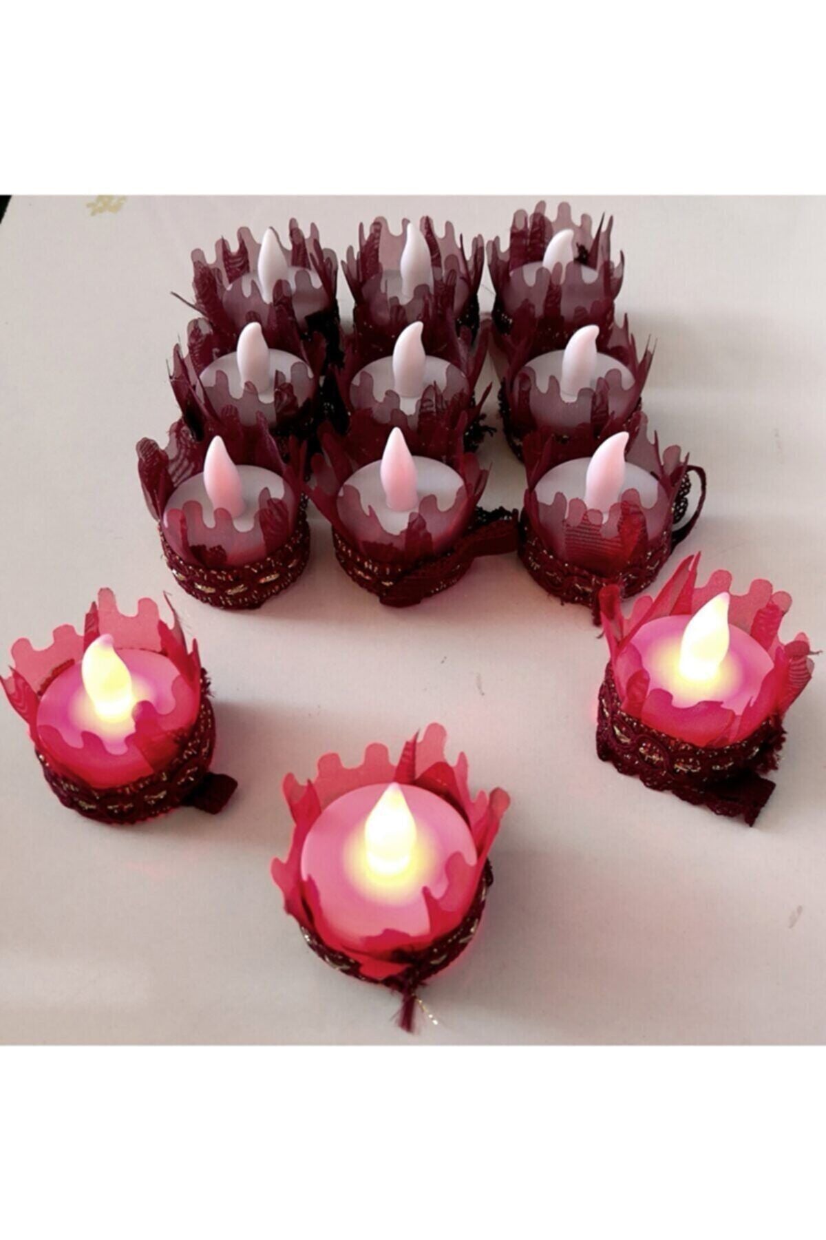 Ledli Kına El Mumu 12'li Paket Bordo Kına Led Mum Bordo