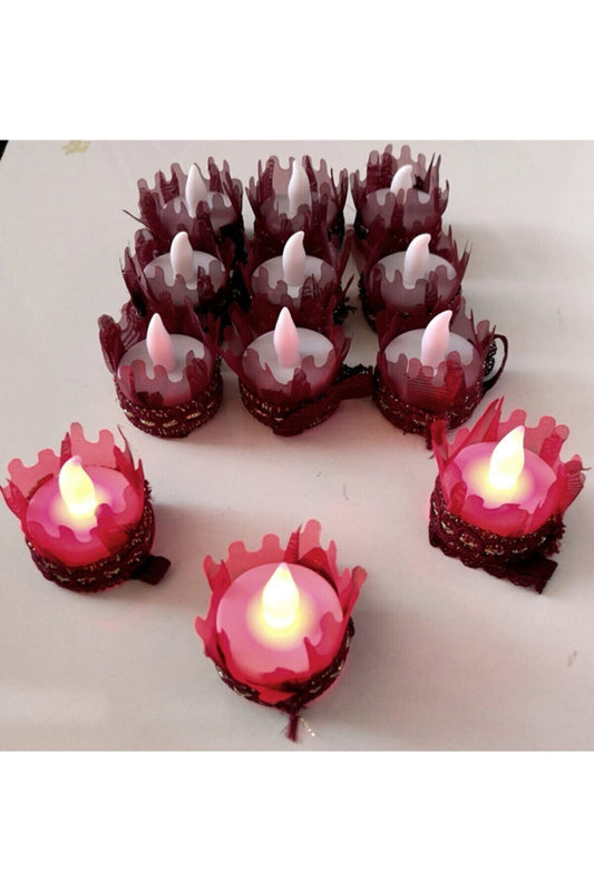 Ledli Kına El Mumu 12'li Paket Bordo Kına Led Mum Bordo