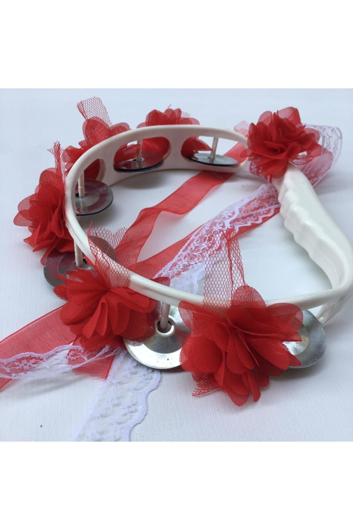 Kırmızı Çiçeklerle Süslenmiş Nedime Tefi Düğün Ve Kına Için Plastik Tef 10 Adet